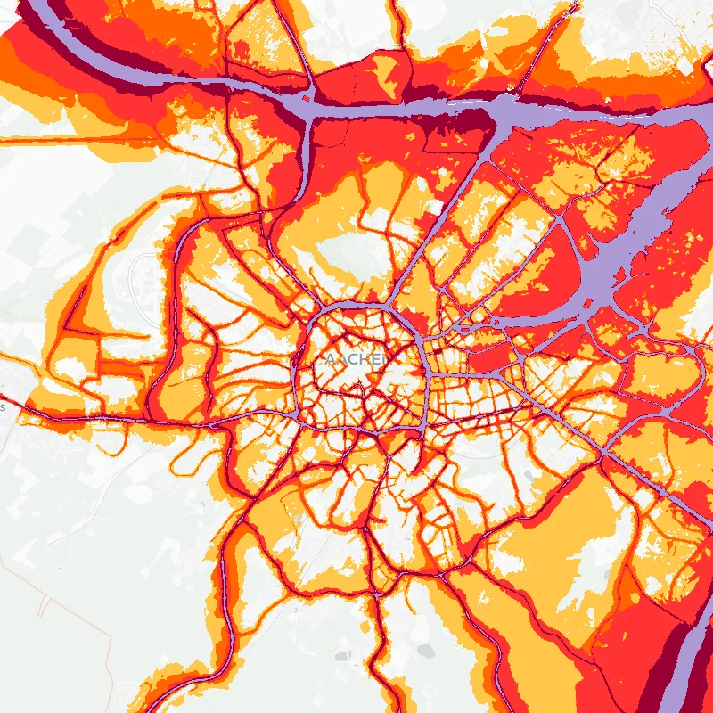 Noise map of Aachen, Germany: road-traffic noise contours from the EU strategic noise maps, shaded yellow (≈55 dB Lden) through orange and red to dark purple (≈75 dB+), over the city's street network.