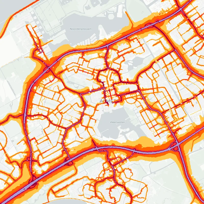 Noise map of Almere, Netherlands: road-traffic noise contours from the EU strategic noise maps, shaded yellow (≈55 dB Lden) through orange and red to dark purple (≈75 dB+), over the city's street network.