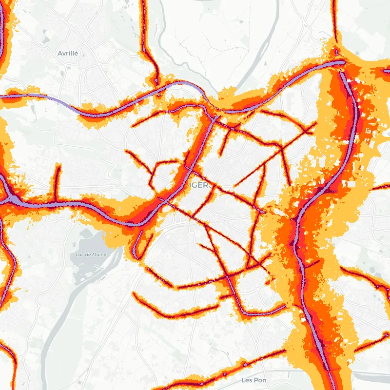 Noise map of Angers, France: road-traffic noise contours from the EU strategic noise maps, shaded yellow (≈55 dB Lden) through orange and red to dark purple (≈75 dB+), over the city's street network.
