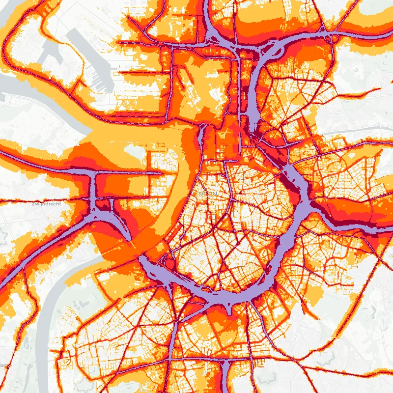 Noise map of Antwerp, Belgium: road-traffic noise contours from the EU strategic noise maps, shaded yellow (≈55 dB Lden) through orange and red to dark purple (≈75 dB+), over the city's street network.