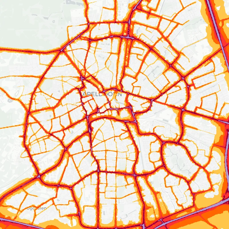 Noise map of Apeldoorn, Netherlands: road-traffic noise contours from the EU strategic noise maps, shaded yellow (≈55 dB Lden) through orange and red to dark purple (≈75 dB+), over the city's street network.
