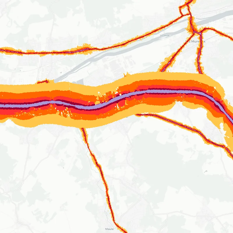 Noise map of Aubergenville, France: road-traffic noise contours from the EU strategic noise maps, shaded yellow (≈55 dB Lden) through orange and red to dark purple (≈75 dB+), over the city's street network.