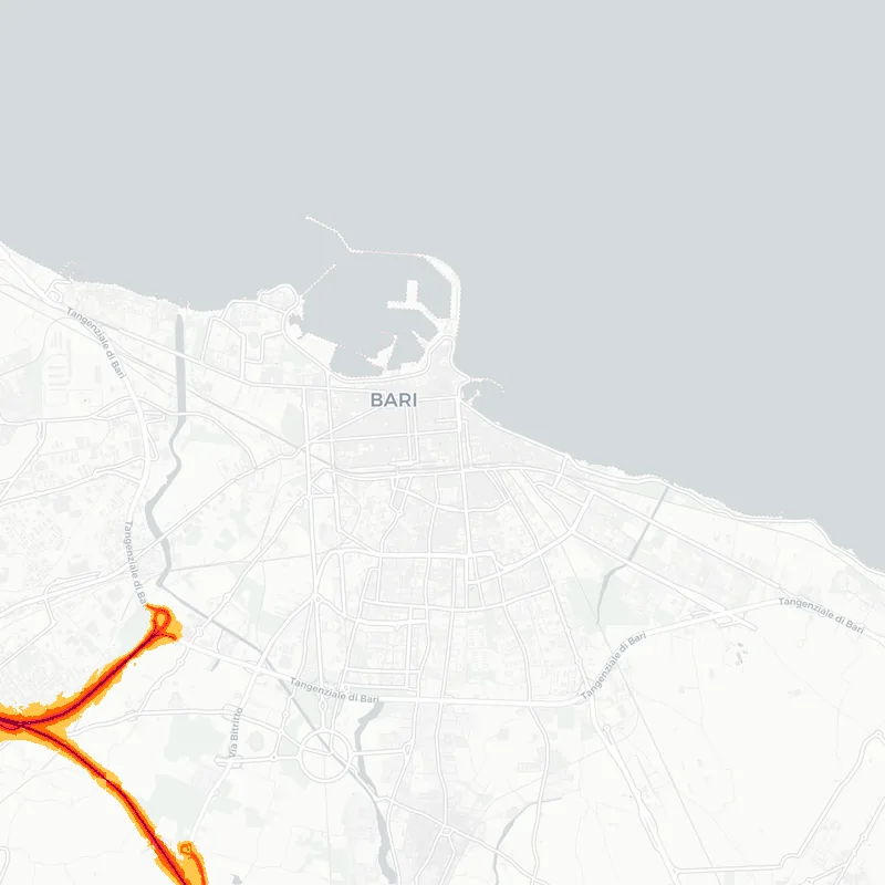 Noise map of Bari, Italy: road-traffic noise contours from the EU strategic noise maps, shaded yellow (≈55 dB Lden) through orange and red to dark purple (≈75 dB+), over the city's street network.