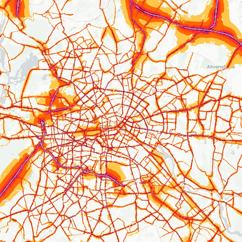 Noise map of Berlin, Germany — road traffic contours from the EU strategic noise maps over the street network.