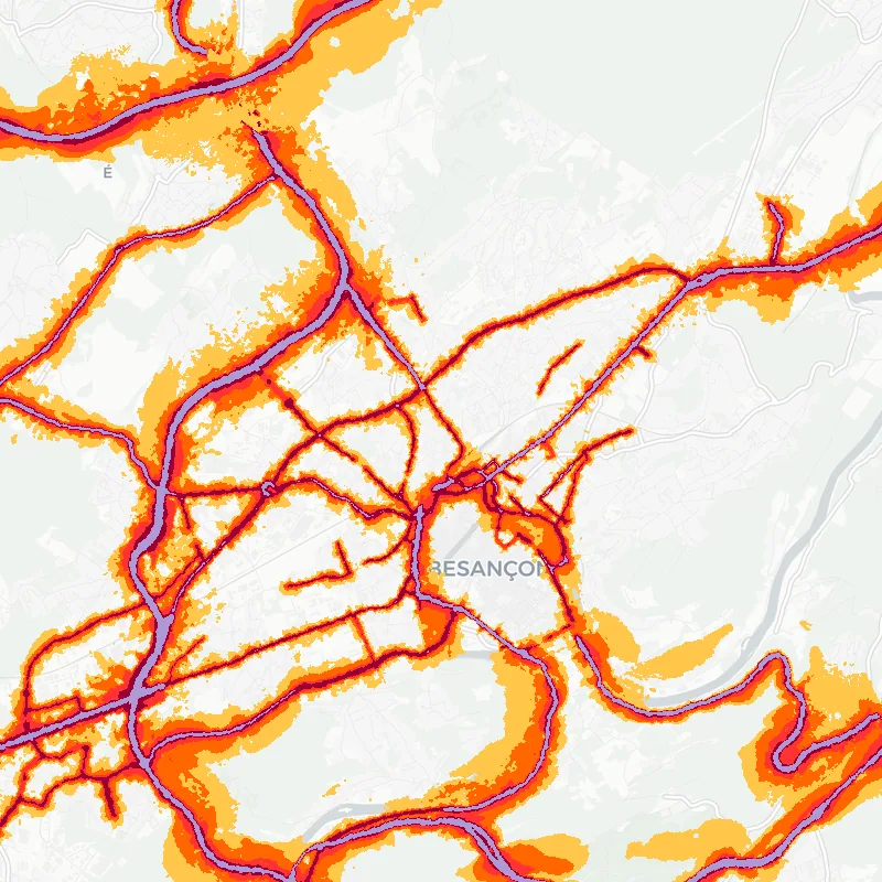 Noise map of Besancon, France: road-traffic noise contours from the EU strategic noise maps, shaded yellow (≈55 dB Lden) through orange and red to dark purple (≈75 dB+), over the city's street network.