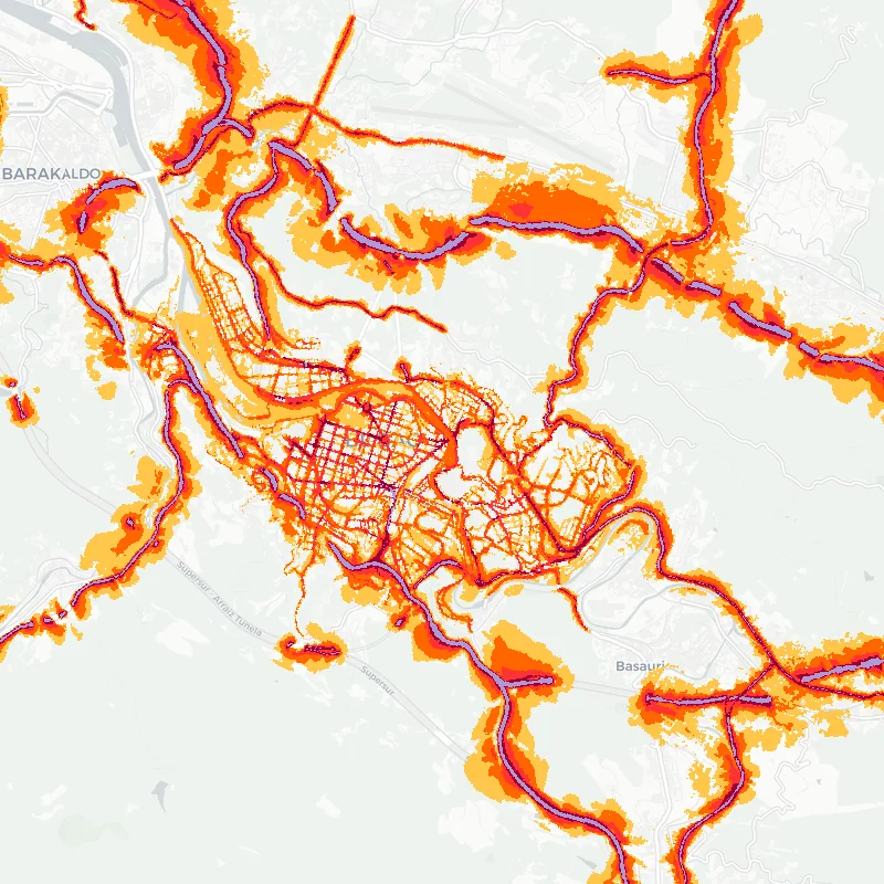 Noise map of Bilbao, Spain: road-traffic noise contours from the EU strategic noise maps, shaded yellow (≈55 dB Lden) through orange and red to dark purple (≈75 dB+), over the city's street network.