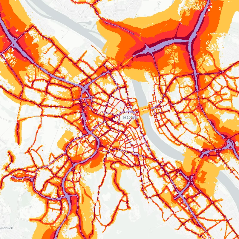 Noise map of Bonn, Germany: road-traffic noise contours from the EU strategic noise maps, shaded yellow (≈55 dB Lden) through orange and red to dark purple (≈75 dB+), over the city's street network.