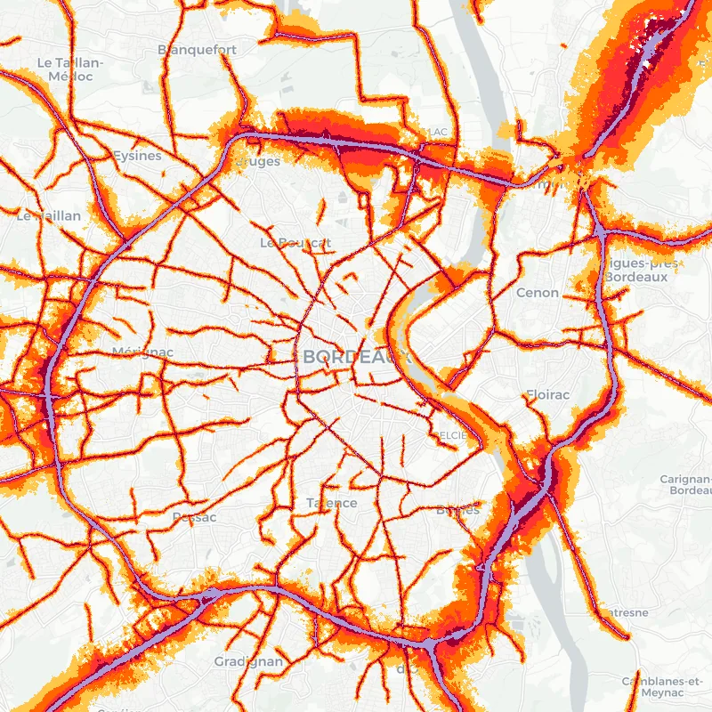 Noise map of Bordeaux, France: road-traffic noise contours from the EU strategic noise maps, shaded yellow (≈55 dB Lden) through orange and red to dark purple (≈75 dB+), over the city's street network.