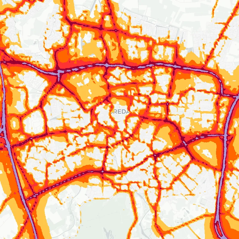 Noise map of Breda, Netherlands: road-traffic noise contours from the EU strategic noise maps, shaded yellow (≈55 dB Lden) through orange and red to dark purple (≈75 dB+), over the city's street network.