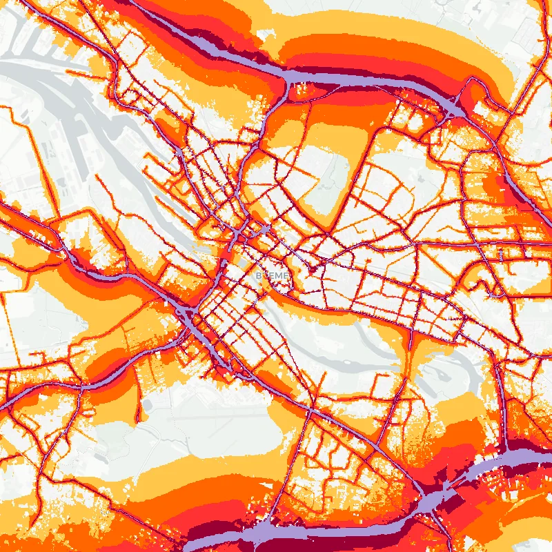 Noise map of Bremen, Germany: road-traffic noise contours from the EU strategic noise maps, shaded yellow (≈55 dB Lden) through orange and red to dark purple (≈75 dB+), over the city's street network.