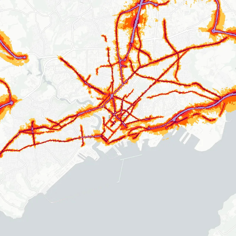 Noise map of Brest, France: road-traffic noise contours from the EU strategic noise maps, shaded yellow (≈55 dB Lden) through orange and red to dark purple (≈75 dB+), over the city's street network.