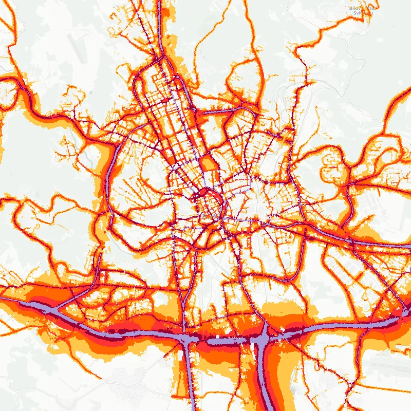 Noise map of Brno, Czech Republic: road-traffic noise contours from the EU strategic noise maps, shaded yellow (≈55 dB Lden) through orange and red to dark purple (≈75 dB+), over the city's street network.