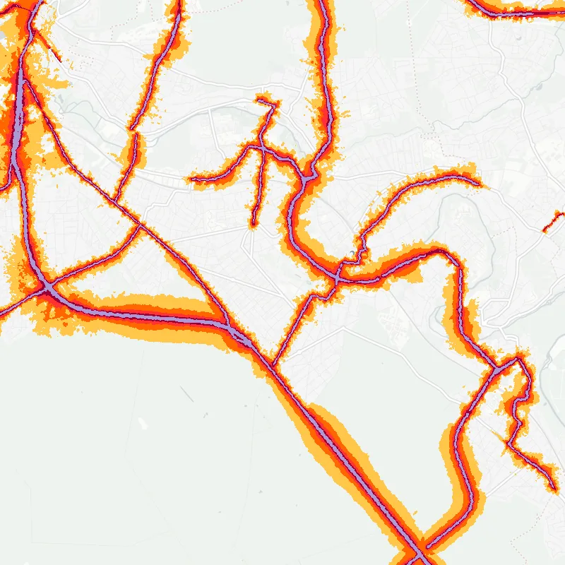 Noise map of Brunoy, France: road-traffic noise contours from the EU strategic noise maps, shaded yellow (≈55 dB Lden) through orange and red to dark purple (≈75 dB+), over the city's street network.