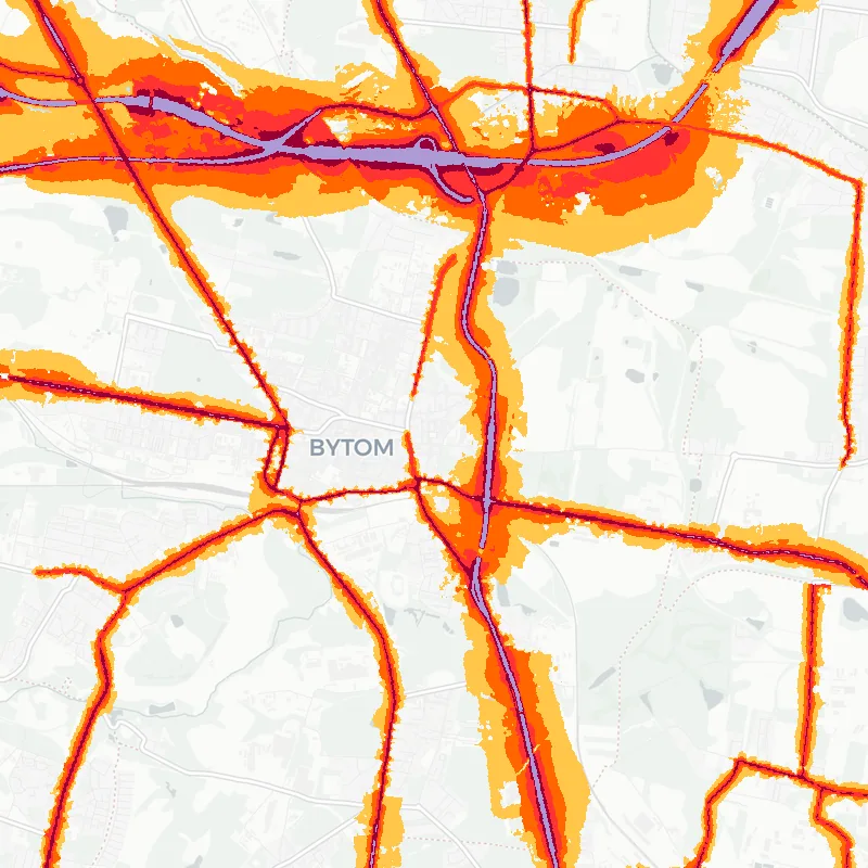 Noise map of Bytom, Poland: road-traffic noise contours from the EU strategic noise maps, shaded yellow (≈55 dB Lden) through orange and red to dark purple (≈75 dB+), over the city's street network.