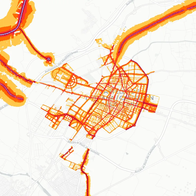Noise map of Castellon de la Plana, Spain: road-traffic noise contours from the EU strategic noise maps, shaded yellow (≈55 dB Lden) through orange and red to dark purple (≈75 dB+), over the city's street network.