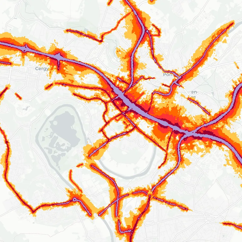 Noise map of Cergy, France: road-traffic noise contours from the EU strategic noise maps, shaded yellow (≈55 dB Lden) through orange and red to dark purple (≈75 dB+), over the city's street network.