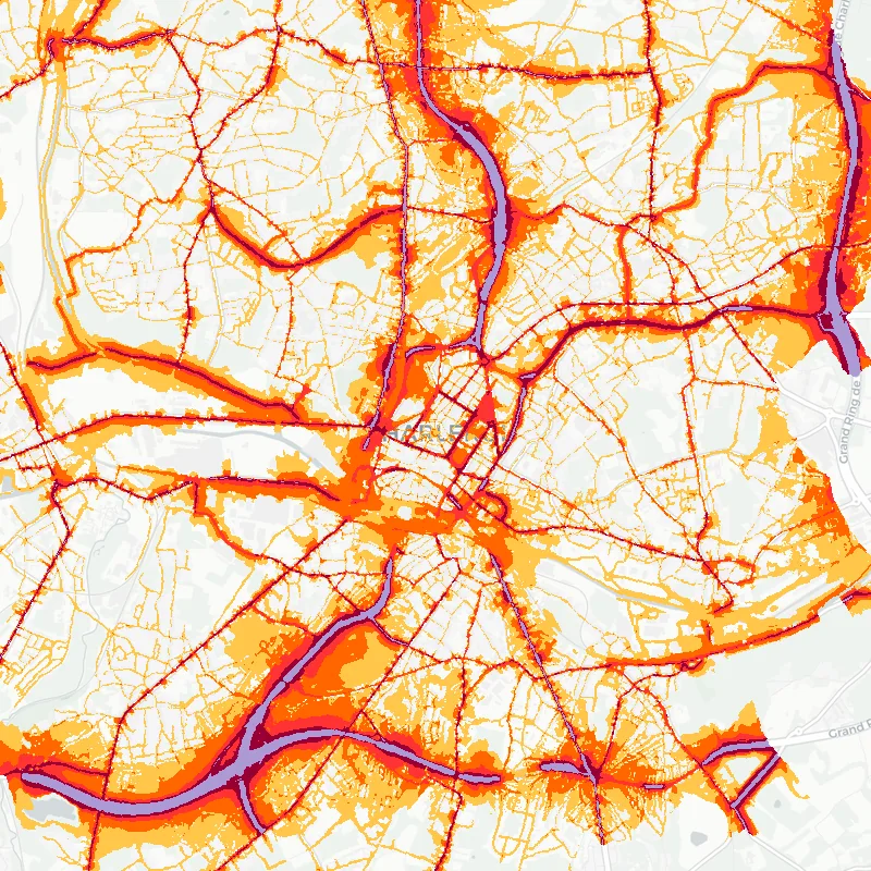 Noise map of Charleroi, Belgium: road-traffic noise contours from the EU strategic noise maps, shaded yellow (≈55 dB Lden) through orange and red to dark purple (≈75 dB+), over the city's street network.
