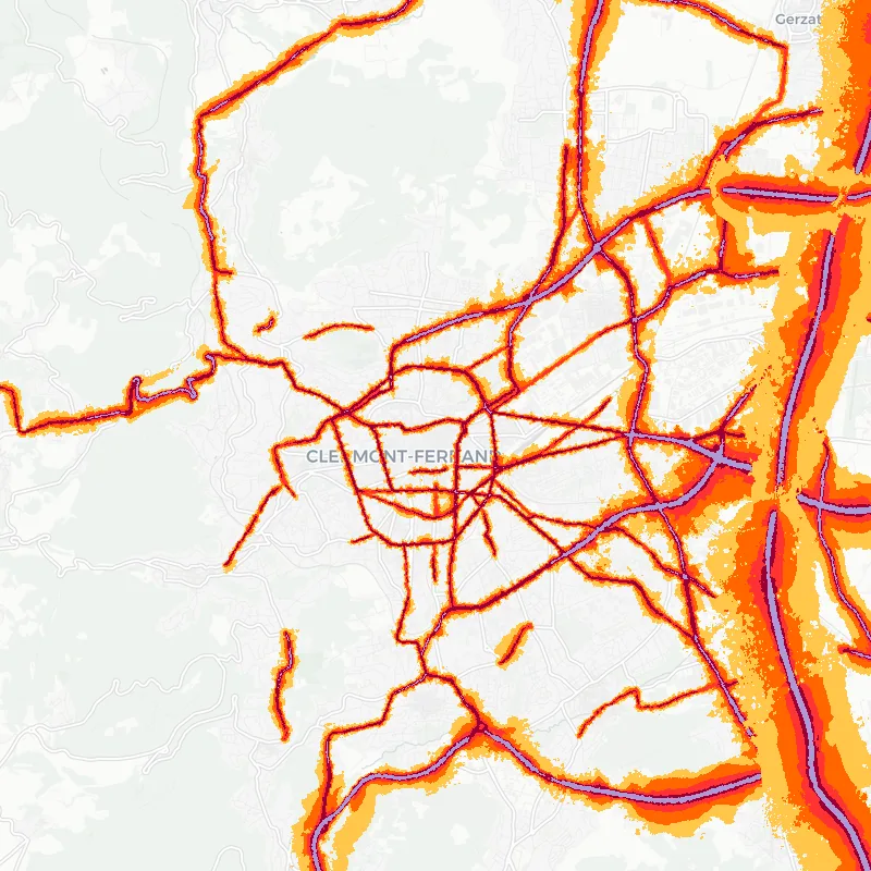 Noise map of Clermont-Ferrand, France: road-traffic noise contours from the EU strategic noise maps, shaded yellow (≈55 dB Lden) through orange and red to dark purple (≈75 dB+), over the city's street network.