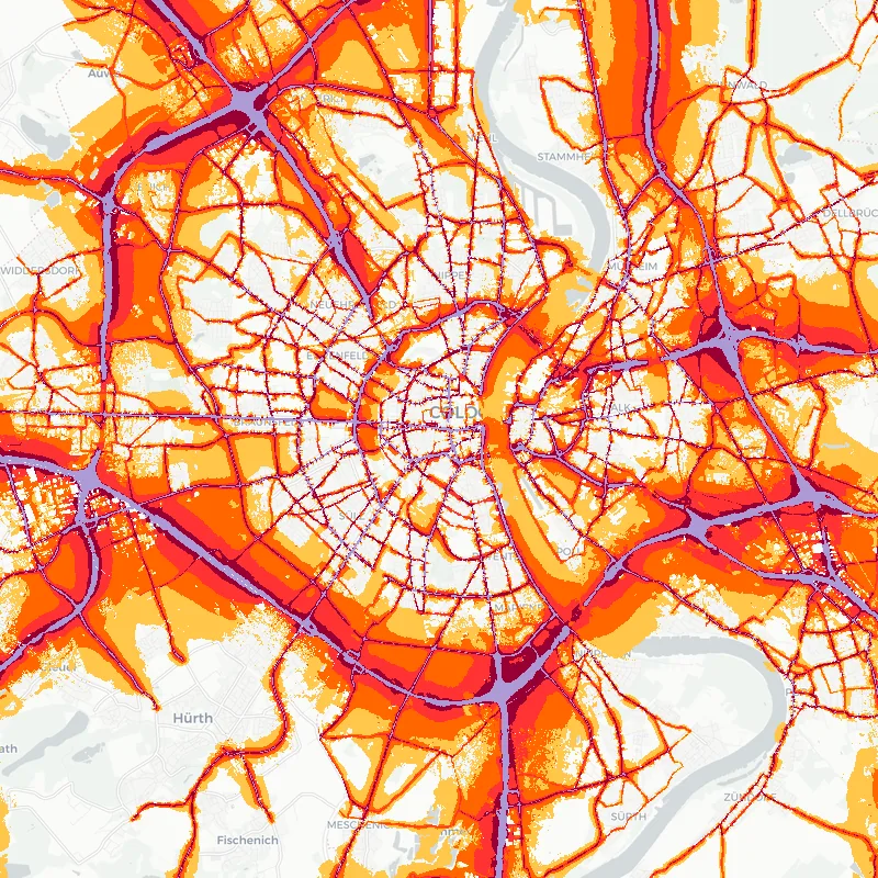 Noise map of Cologne, Germany: road-traffic noise contours from the EU strategic noise maps, shaded yellow (≈55 dB Lden) through orange and red to dark purple (≈75 dB+), over the city's street network.