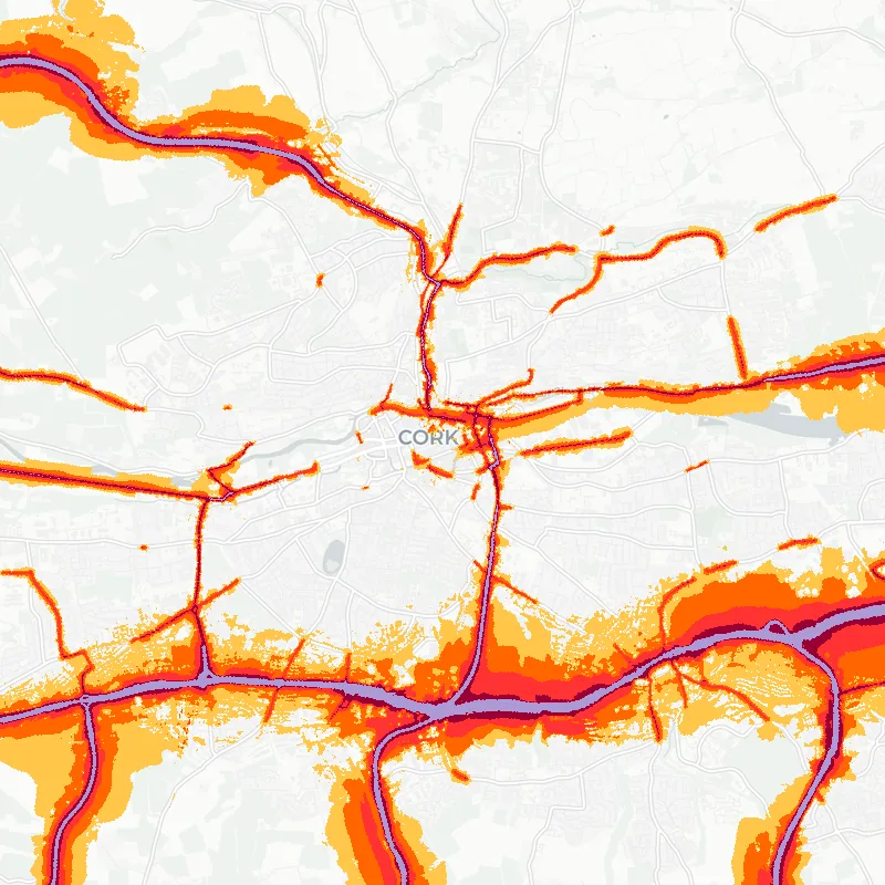 Noise map of Cork, Ireland: road-traffic noise contours from the EU strategic noise maps, shaded yellow (≈55 dB Lden) through orange and red to dark purple (≈75 dB+), over the city's street network.