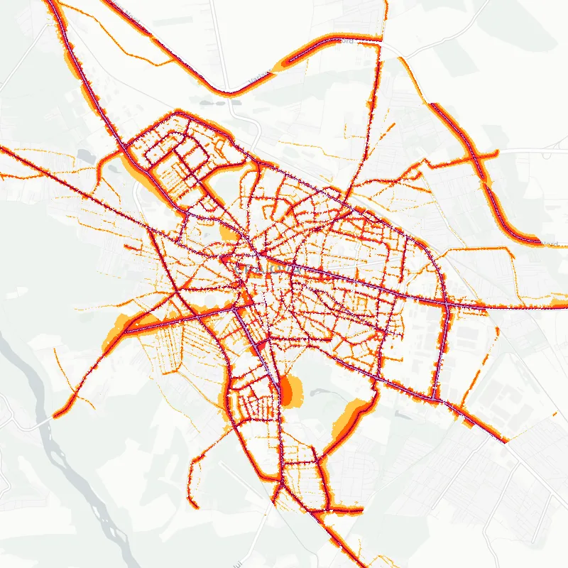 Noise map of Craiova, Romania: road-traffic noise contours from the EU strategic noise maps, shaded yellow (≈55 dB Lden) through orange and red to dark purple (≈75 dB+), over the city's street network.