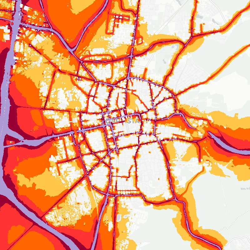 Noise map of Darmstadt, Germany: road-traffic noise contours from the EU strategic noise maps, shaded yellow (≈55 dB Lden) through orange and red to dark purple (≈75 dB+), over the city's street network.