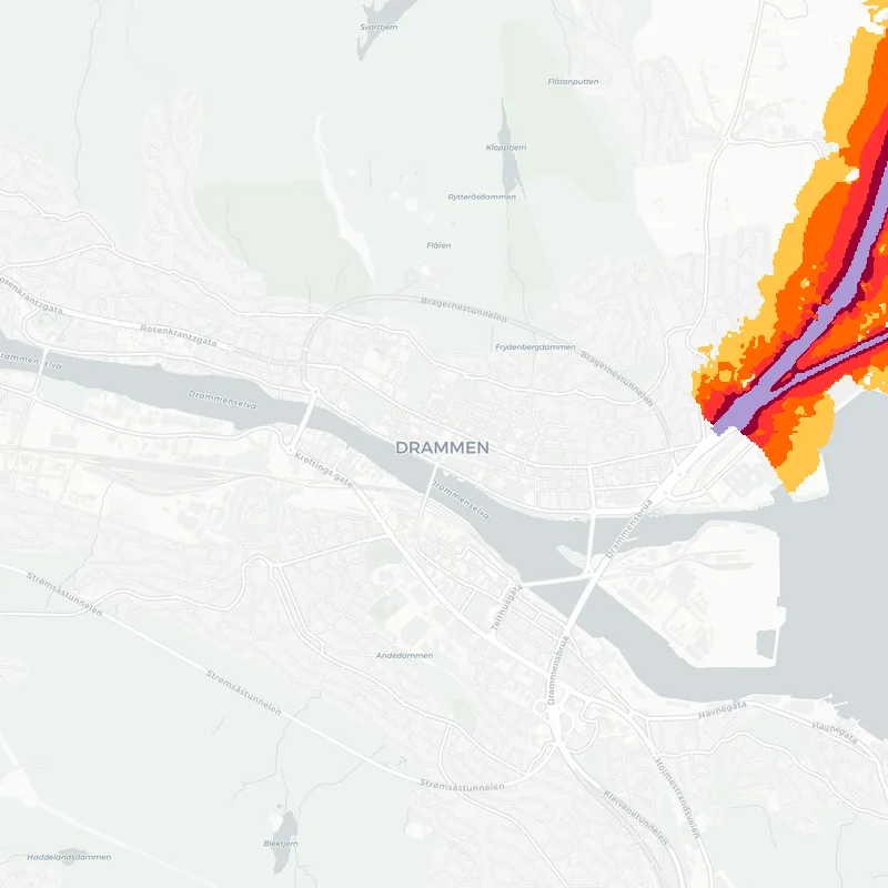 Noise map of Drammen, Norway: road-traffic noise contours from the EU strategic noise maps, shaded yellow (≈55 dB Lden) through orange and red to dark purple (≈75 dB+), over the city's street network.
