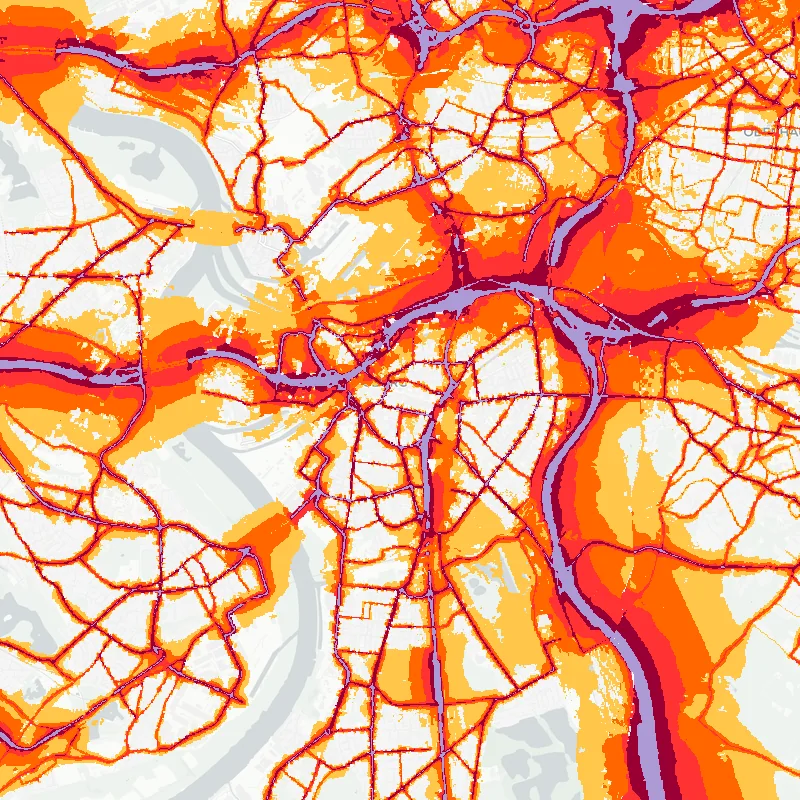 Noise map of Duisburg, Germany: road-traffic noise contours from the EU strategic noise maps, shaded yellow (≈55 dB Lden) through orange and red to dark purple (≈75 dB+), over the city's street network.