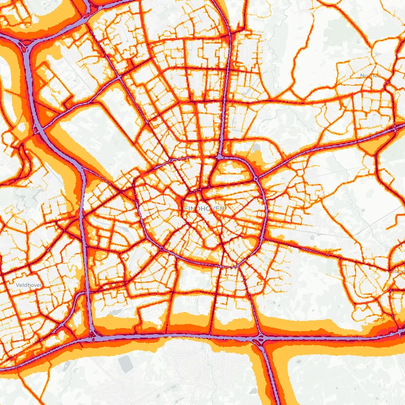 Noise map of Eindhoven, Netherlands: road-traffic noise contours from the EU strategic noise maps, shaded yellow (≈55 dB Lden) through orange and red to dark purple (≈75 dB+), over the city's street network.