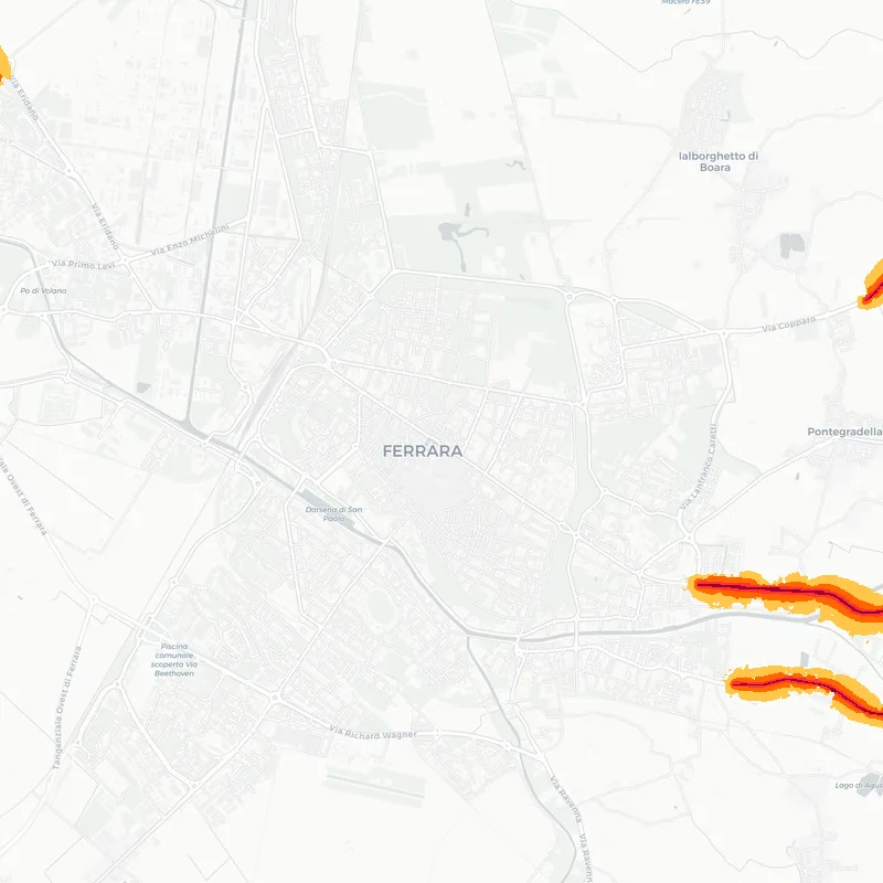 Noise map of Ferrara, Italy: road-traffic noise contours from the EU strategic noise maps, shaded yellow (≈55 dB Lden) through orange and red to dark purple (≈75 dB+), over the city's street network.