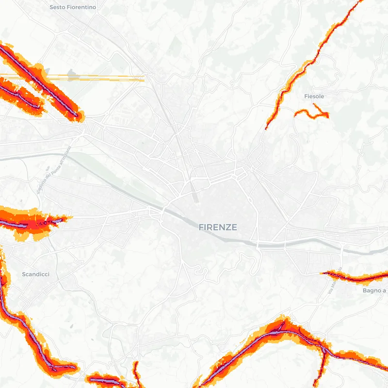 Noise map of Florence, Italy: road-traffic noise contours from the EU strategic noise maps, shaded yellow (≈55 dB Lden) through orange and red to dark purple (≈75 dB+), over the city's street network.
