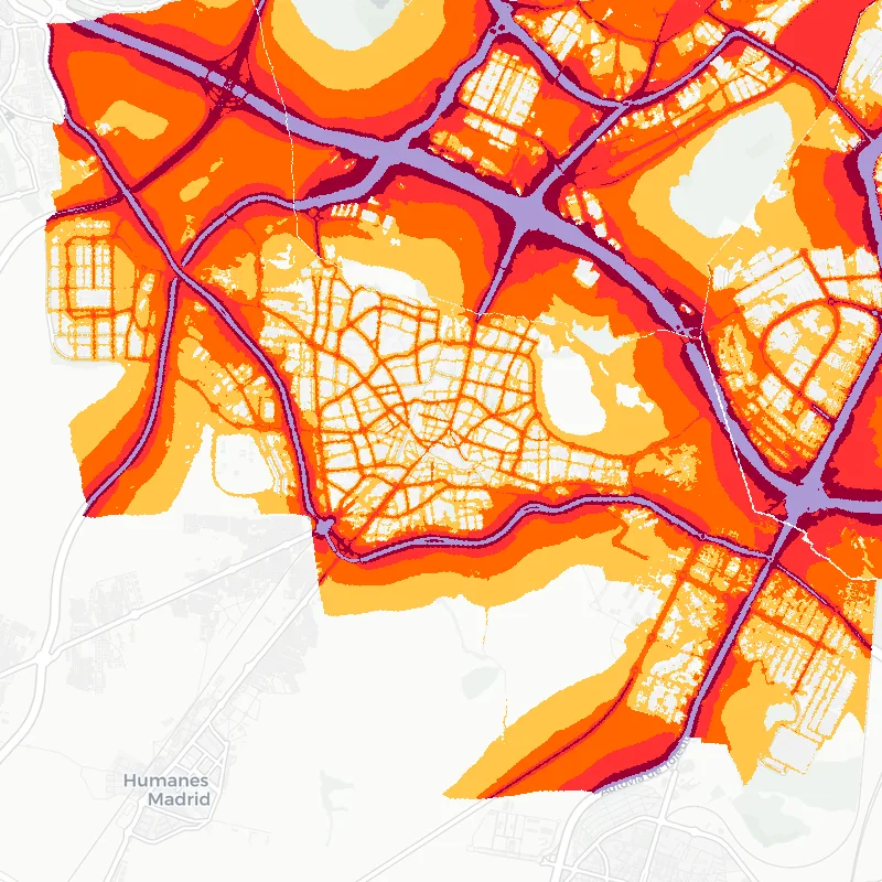Noise map of Fuenlabrada, Spain: road-traffic noise contours from the EU strategic noise maps, shaded yellow (≈55 dB Lden) through orange and red to dark purple (≈75 dB+), over the city's street network.