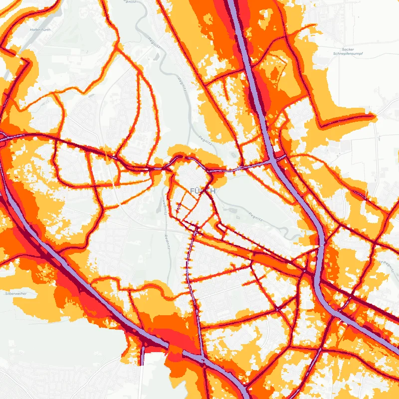 Noise map of Fuerth, Germany: road-traffic noise contours from the EU strategic noise maps, shaded yellow (≈55 dB Lden) through orange and red to dark purple (≈75 dB+), over the city's street network.