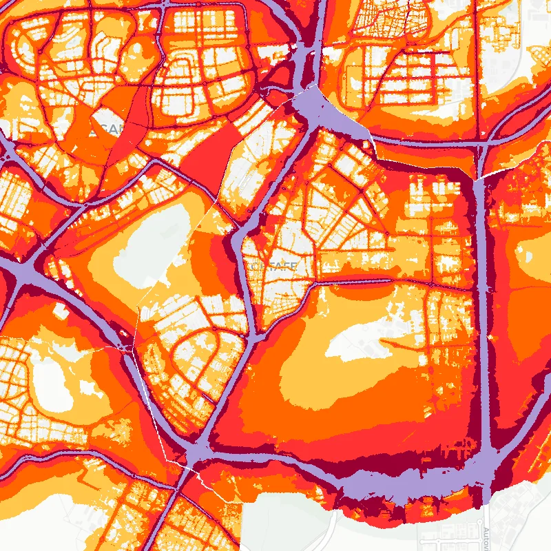 Noise map of Getafe, Spain: road-traffic noise contours from the EU strategic noise maps, shaded yellow (≈55 dB Lden) through orange and red to dark purple (≈75 dB+), over the city's street network.