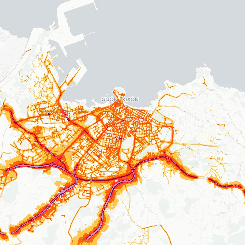 Noise map of Gijon, Spain: road-traffic noise contours from the EU strategic noise maps, shaded yellow (≈55 dB Lden) through orange and red to dark purple (≈75 dB+), over the city's street network.