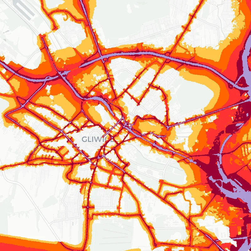 Noise map of Gliwice, Poland: road-traffic noise contours from the EU strategic noise maps, shaded yellow (≈55 dB Lden) through orange and red to dark purple (≈75 dB+), over the city's street network.