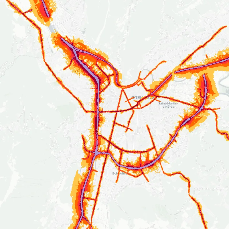 Noise map of Grenoble, France: road-traffic noise contours from the EU strategic noise maps, shaded yellow (≈55 dB Lden) through orange and red to dark purple (≈75 dB+), over the city's street network.