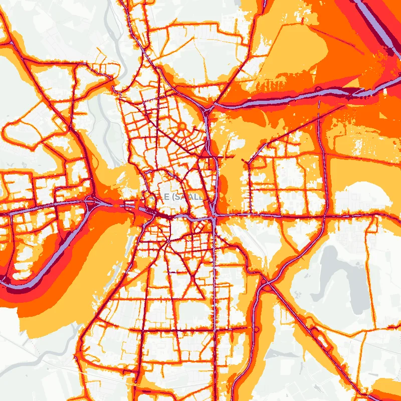 Noise map of Halle, Germany: road-traffic noise contours from the EU strategic noise maps, shaded yellow (≈55 dB Lden) through orange and red to dark purple (≈75 dB+), over the city's street network.