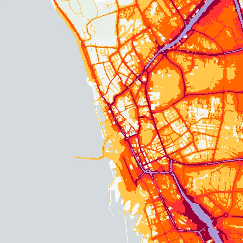 Noise map of Helsingborg, Sweden: road-traffic noise contours from the EU strategic noise maps, shaded yellow (≈55 dB Lden) through orange and red to dark purple (≈75 dB+), over the city's street network.