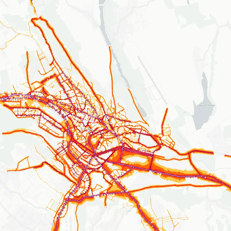Noise map of Iasi, Romania: road-traffic noise contours from the EU strategic noise maps, shaded yellow (≈55 dB Lden) through orange and red to dark purple (≈75 dB+), over the city's street network.