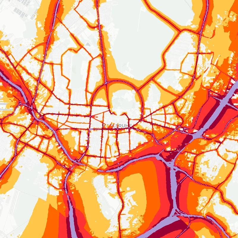 Noise map of Karlsruhe, Germany: road-traffic noise contours from the EU strategic noise maps, shaded yellow (≈55 dB Lden) through orange and red to dark purple (≈75 dB+), over the city's street network.