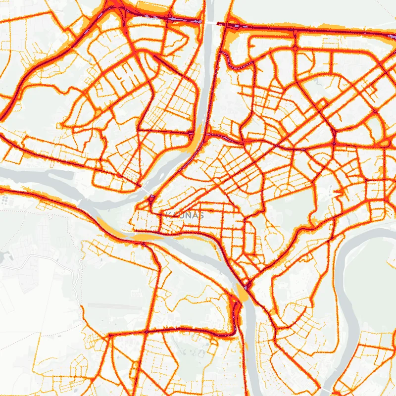 Noise map of Kaunas, Lithuania: road-traffic noise contours from the EU strategic noise maps, shaded yellow (≈55 dB Lden) through orange and red to dark purple (≈75 dB+), over the city's street network.