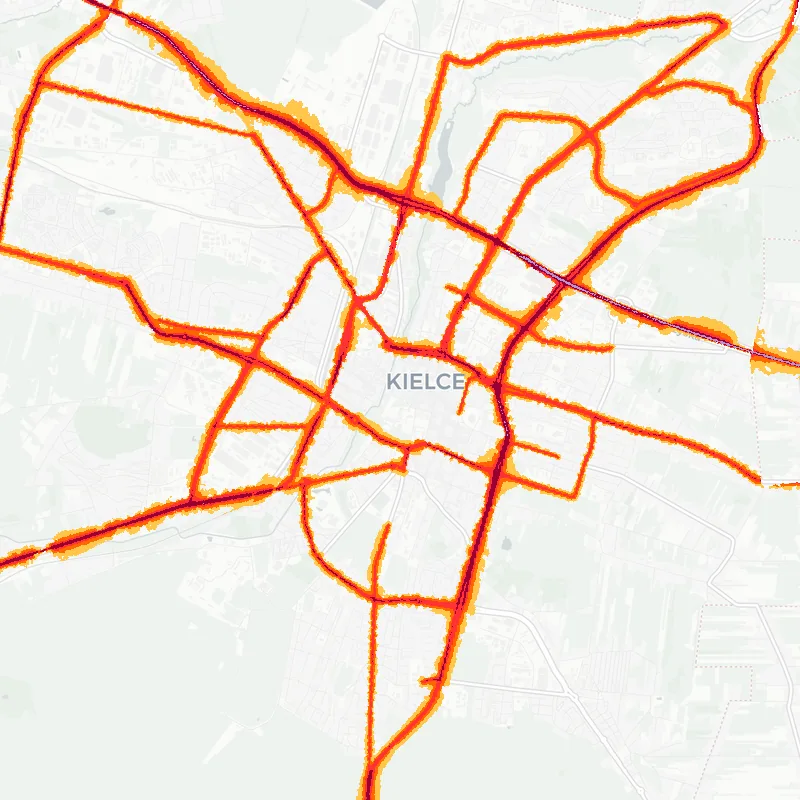 Noise map of Kielce, Poland: road-traffic noise contours from the EU strategic noise maps, shaded yellow (≈55 dB Lden) through orange and red to dark purple (≈75 dB+), over the city's street network.