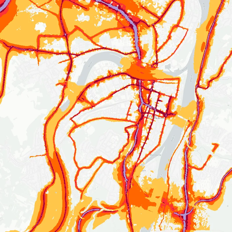 Noise map of Koblenz, Germany: road-traffic noise contours from the EU strategic noise maps, shaded yellow (≈55 dB Lden) through orange and red to dark purple (≈75 dB+), over the city's street network.