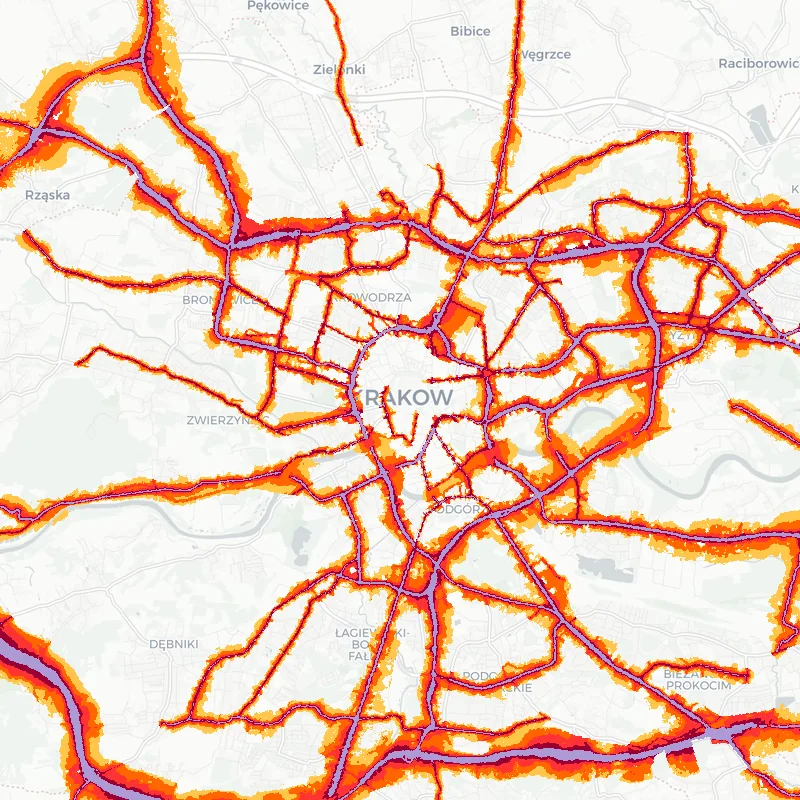 Noise map of Krakow, Poland: road-traffic noise contours from the EU strategic noise maps, shaded yellow (≈55 dB Lden) through orange and red to dark purple (≈75 dB+), over the city's street network.