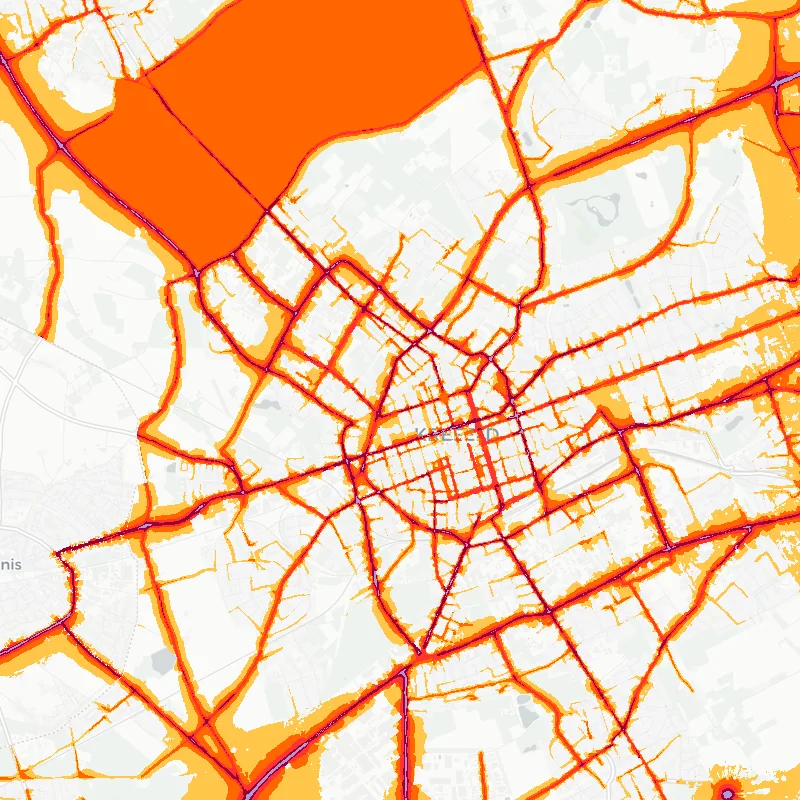 Noise map of Krefeld, Germany: road-traffic noise contours from the EU strategic noise maps, shaded yellow (≈55 dB Lden) through orange and red to dark purple (≈75 dB+), over the city's street network.