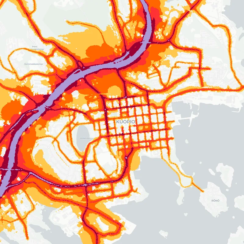 Noise map of Kuopio, Finland: road-traffic noise contours from the EU strategic noise maps, shaded yellow (≈55 dB Lden) through orange and red to dark purple (≈75 dB+), over the city's street network.