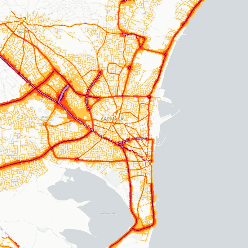 Noise map of Larnaca, Cyprus: road-traffic noise contours from the EU strategic noise maps, shaded yellow (≈55 dB Lden) through orange and red to dark purple (≈75 dB+), over the city's street network.
