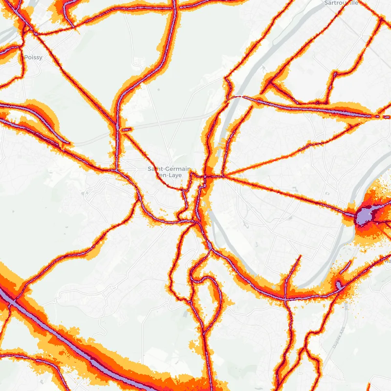 Noise map of Le Pecq, France: road-traffic noise contours from the EU strategic noise maps, shaded yellow (≈55 dB Lden) through orange and red to dark purple (≈75 dB+), over the city's street network.