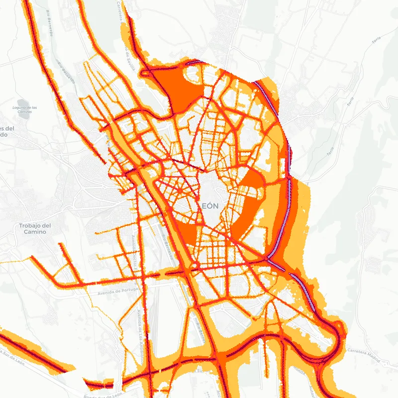 Noise map of Leon, Spain: road-traffic noise contours from the EU strategic noise maps, shaded yellow (≈55 dB Lden) through orange and red to dark purple (≈75 dB+), over the city's street network.